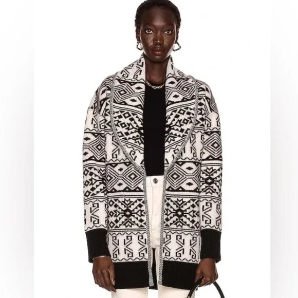Veronica Beard Carrington Jacket Knit Coat Belted Wool Aztec Black White Size XL - Picture 10 of 13